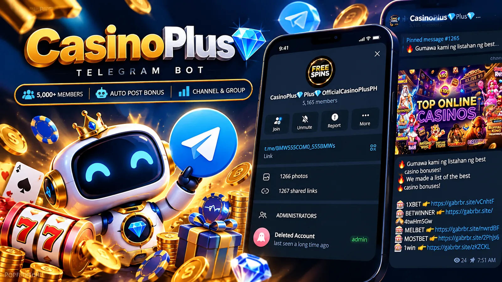 CasinoPlus Telegram bot banner: a robot mascot holding the Telegram logo, beside phone screens of the CasinoPlus Telegram channel.