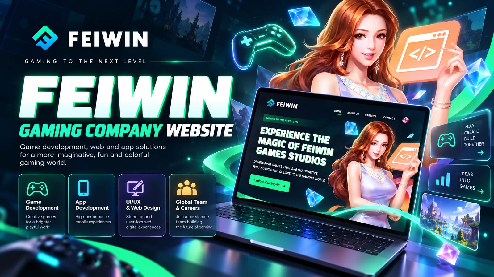 Feiwin banner: the company website's homepage on a laptop, beside the Feiwin logo and its four services.