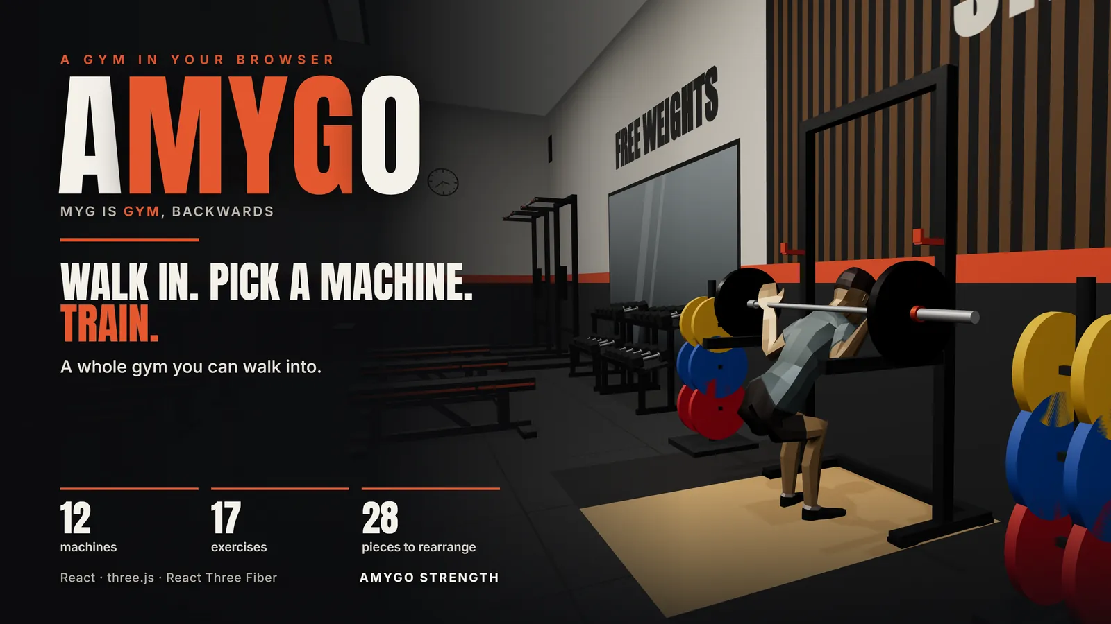 AMYGO poster: a low-poly lifter back-squats in the free-weights zone, beside the line Walk in. Pick a machine. Train. and the figures 12 machines, 17 exercises, 28 pieces to rearrange.