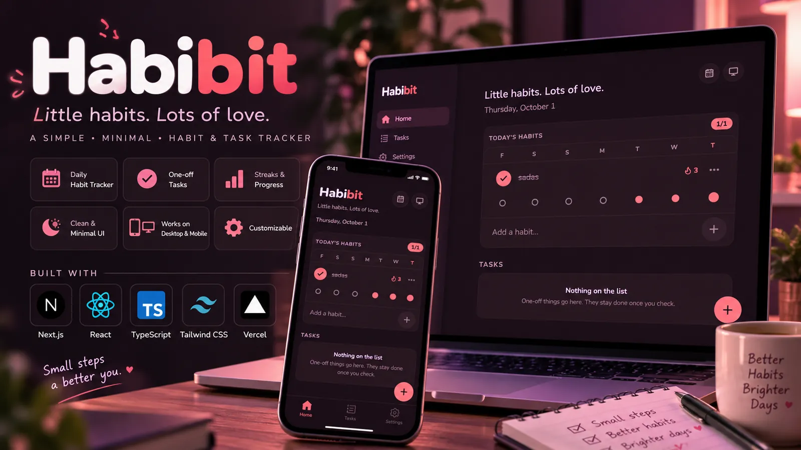 Habibit banner: today's habits with a weekly streak row and a task list, on a laptop and a phone.