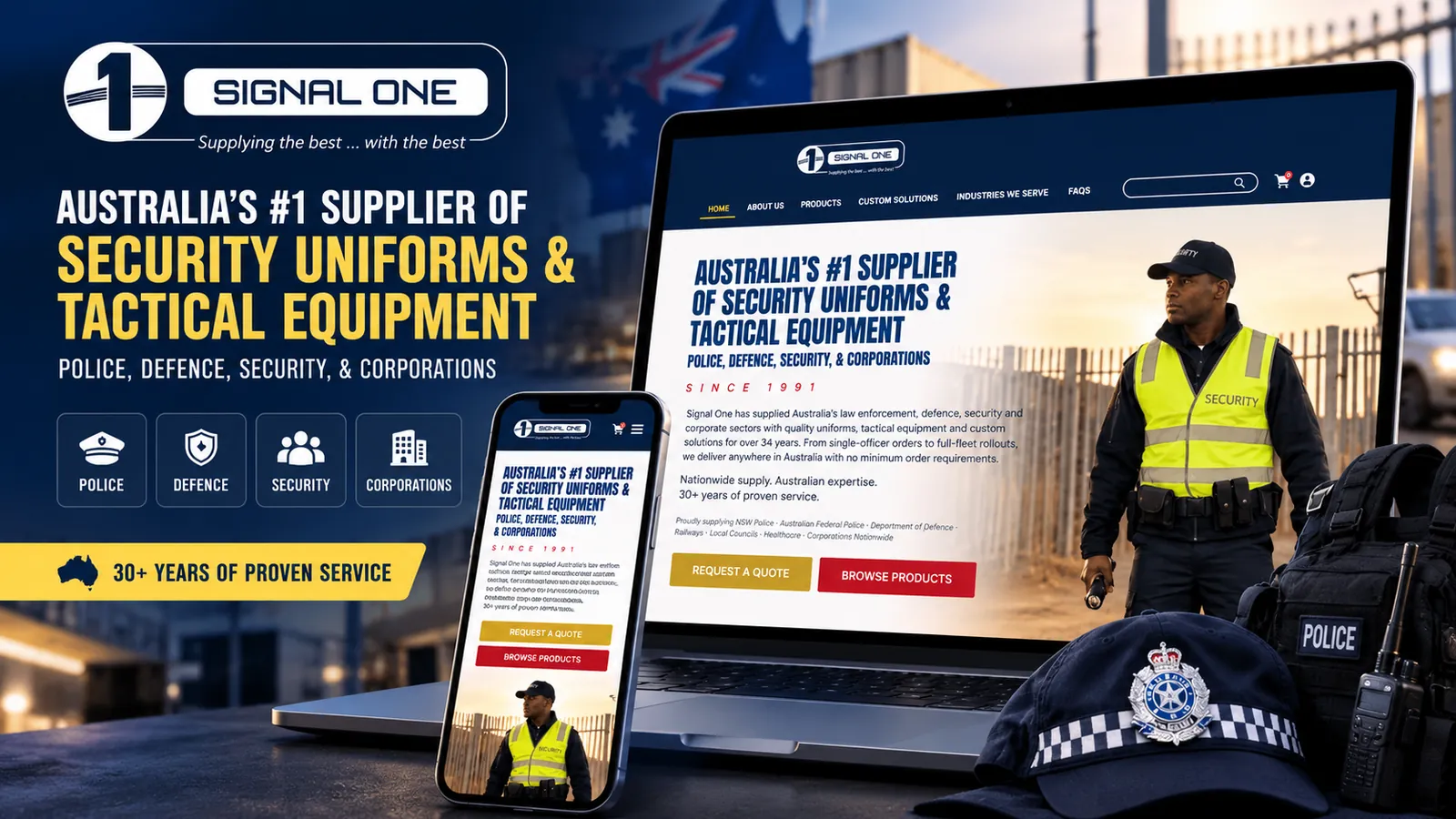 Signal One banner: the store's homepage on a laptop and a phone, beside the headline Australia's #1 supplier of security uniforms and tactical equipment.