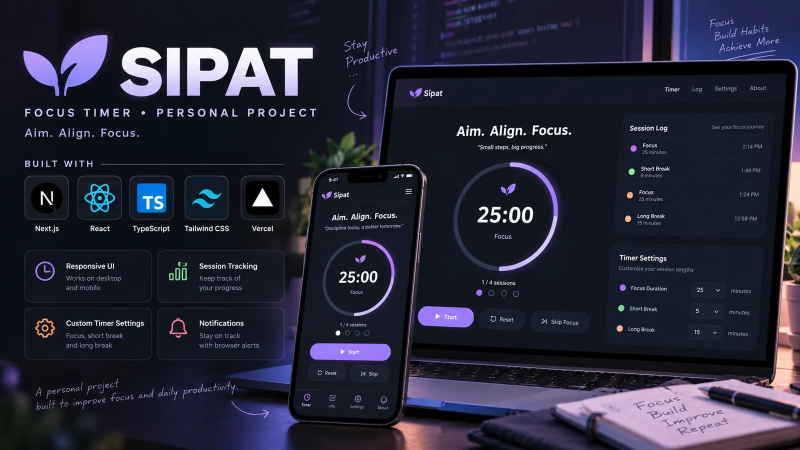 Sipat banner: the focus timer at 25:00 with its session log and timer settings, on a laptop and a phone.